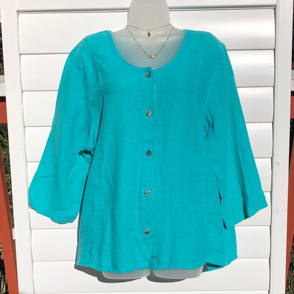 NWT Click Relaxed Teal Button-Front Linen Blend Shirt
